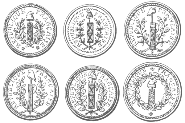 Knopfmodell vom 4. Oktober 1792, Durchmesser 24 mm, 24 mm, 26 mm, 27 mm, 27 mm und 29 mm